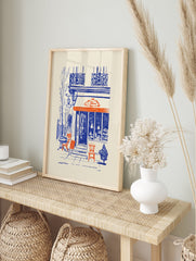 French cafe poster illustration with blue building, orange awning, and outdoor chairs in a city street scene. - Image 4
