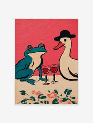 Illustrative print of a teal frog and a white duck in a hat sharing red wine on a pink background