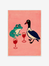 Illustrative print of a green frog and blue duck with red wine glasses on a pink background