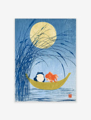 Blue frog and orange goldfish in a crescent moon boat under a full moon in a Japanese style art print