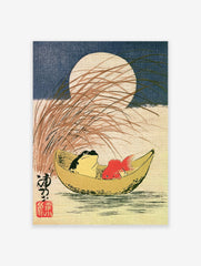 Japanese style art print of a frog and goldfish in a crescent moon boat with tall grass and a full moon background