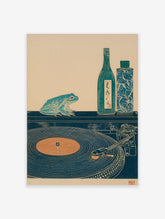 Japanese woodblock style print of a teal frog, sake bottle, and record player on a dark surface