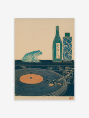 Japanese woodblock style print of a teal frog, sake bottle, and record player on a dark surface