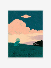 Teal frog in grass looking at pink UFO in starry sky, with peach cloud and moon, retro sci-fi illustration