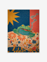 Illustrative frog art print of a green frog smoking a cigar, set against a blue background with a yellow star and red background with smoke.