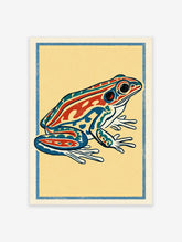 Colorful frog illustration art print in red, blue, and green with a yellow background and blue border.