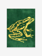 Golden frog illustration art poster on a deep green background, showcasing intricate details and patterns on the frog's skin.