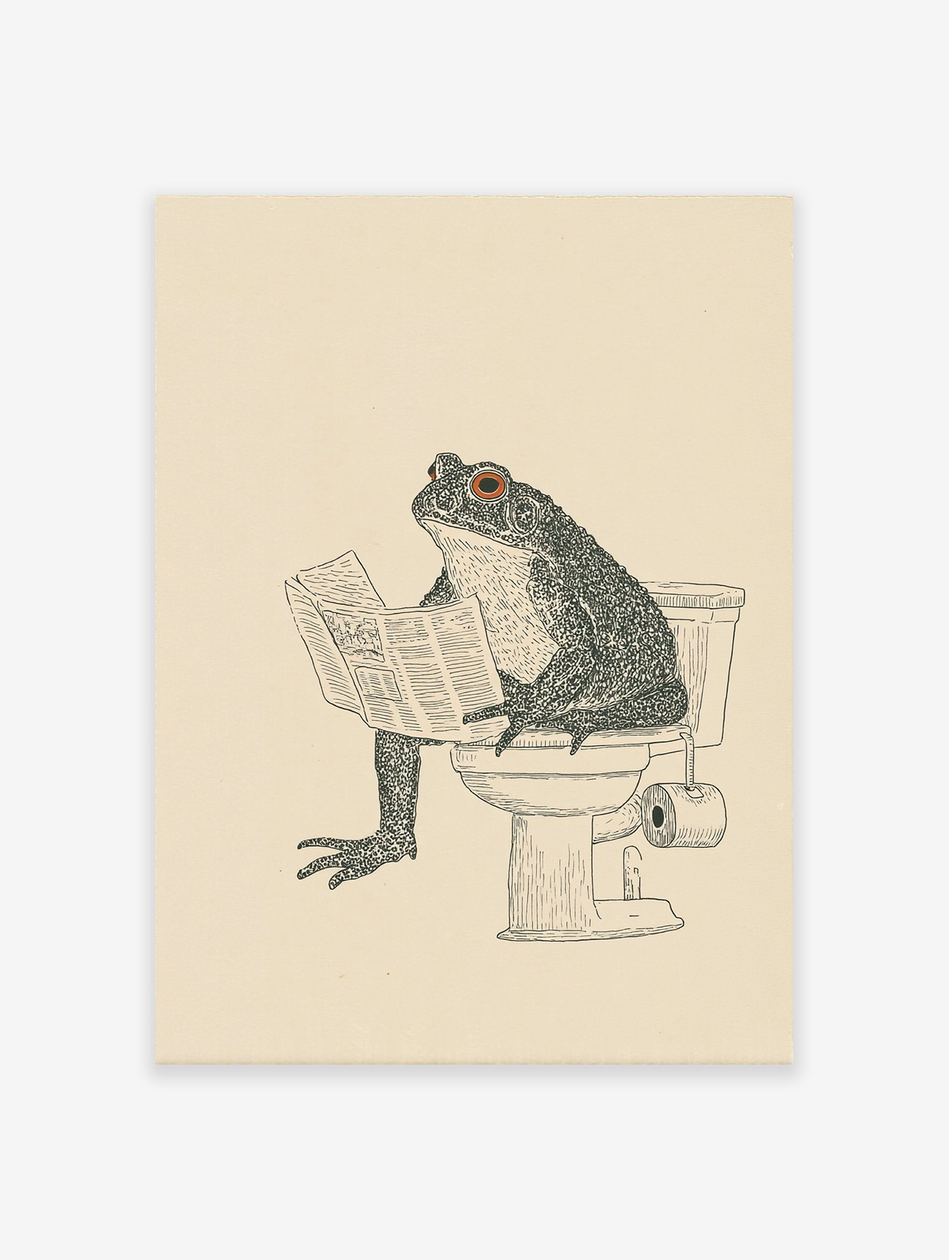 Humorous frog art print of a toad sitting on a toilet reading a newspaper, black line art on a cream background.