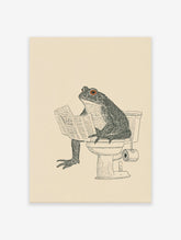 Humorous frog art print of a toad sitting on a toilet reading a newspaper, black line art on a cream background.