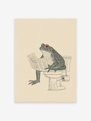 Humorous frog art print of a toad sitting on a toilet reading a newspaper, black line art on a cream background.