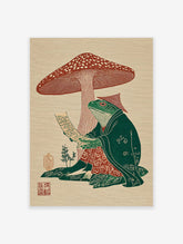 Japanese woodblock style art print of a frog in a robe reading under a red mushroom. Frog art illustration.