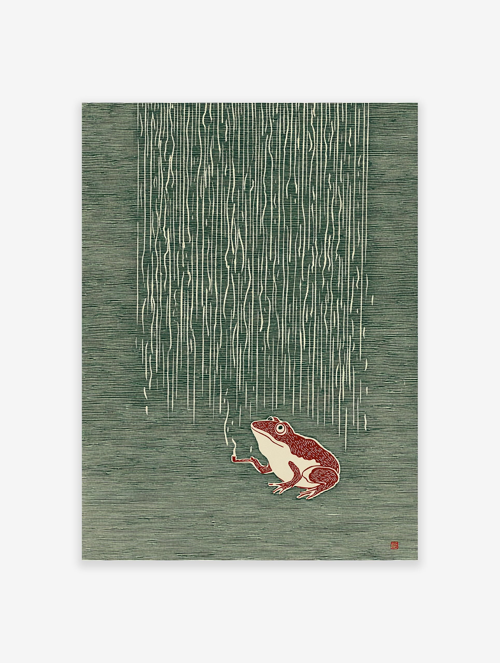 Japanese style illustration of a reddish-brown frog smoking a pipe under vertical rain lines on a dark green background.