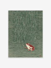 Japanese style illustration of a reddish-brown frog smoking a pipe under vertical rain lines on a dark green background.