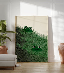 Illustrated frog art print with two green frogs peeking from tall green grass against a cream background. - Image 3