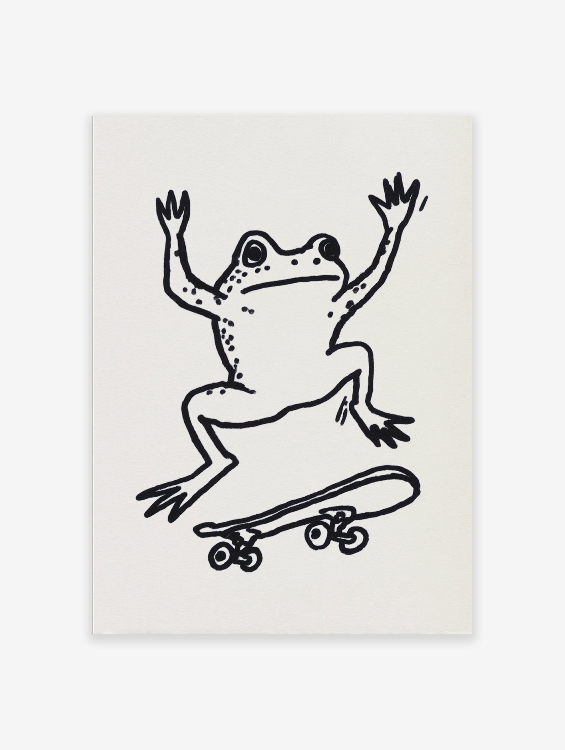 Black and white whimsical frog art print on a skateboard illustration on a plain background.