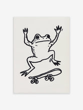 Black and white whimsical frog art print on a skateboard illustration on a plain background.
