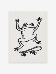 Black and white whimsical frog art print on a skateboard illustration on a plain background.