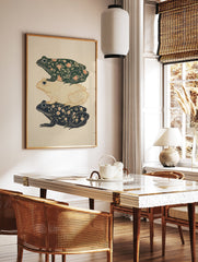 Decorative frog art print featuring three stacked frogs with botanical patterns and white dots on a light beige background. - Image 2