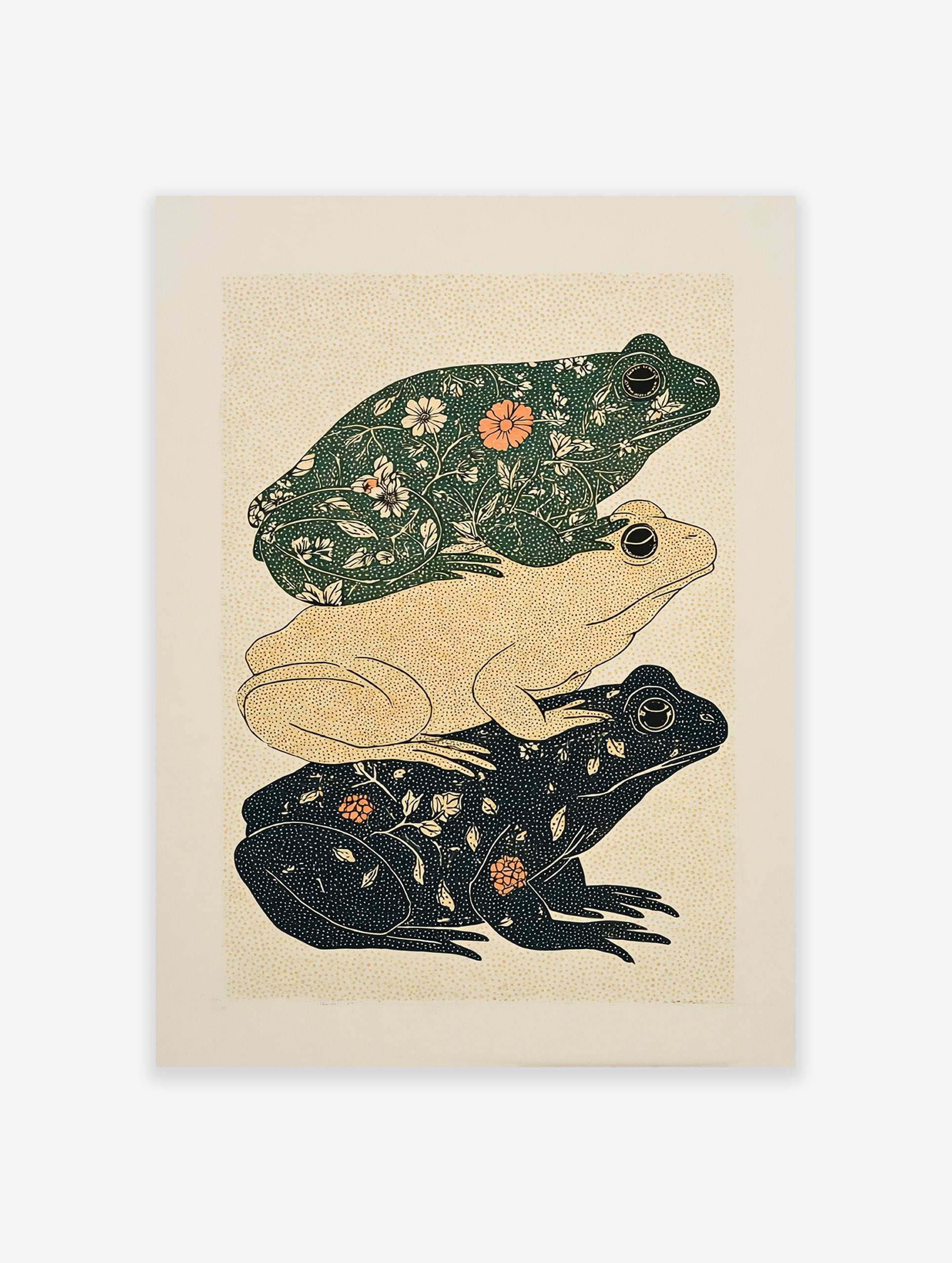 Stacked frog art print with botanical patterns in green, cream, and black on a dotted background