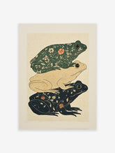 Stacked frog art print with botanical patterns in green, cream, and black on a dotted background