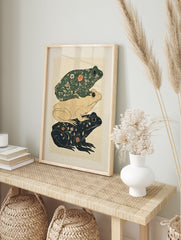 Stacked frog art print with botanical patterns in green, cream, and black on a dotted background - Image 3