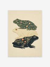 Three stacked frogs art print with intricate dark green, cream, and black botanical patterns on a light background.