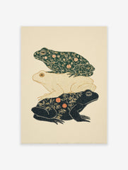 Three stacked frogs art print with intricate dark green, cream, and black botanical patterns on a light background.