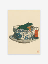 Green frog in a blue and white patterned teacup and saucer, Japanese style illustration, frog art print.