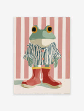 Whimsical frog art print in blue striped pajamas and red boots against a pink and white striped background.