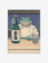 Frog chef in white coat holding sake bottle with kanji text, woodblock style print at a bar