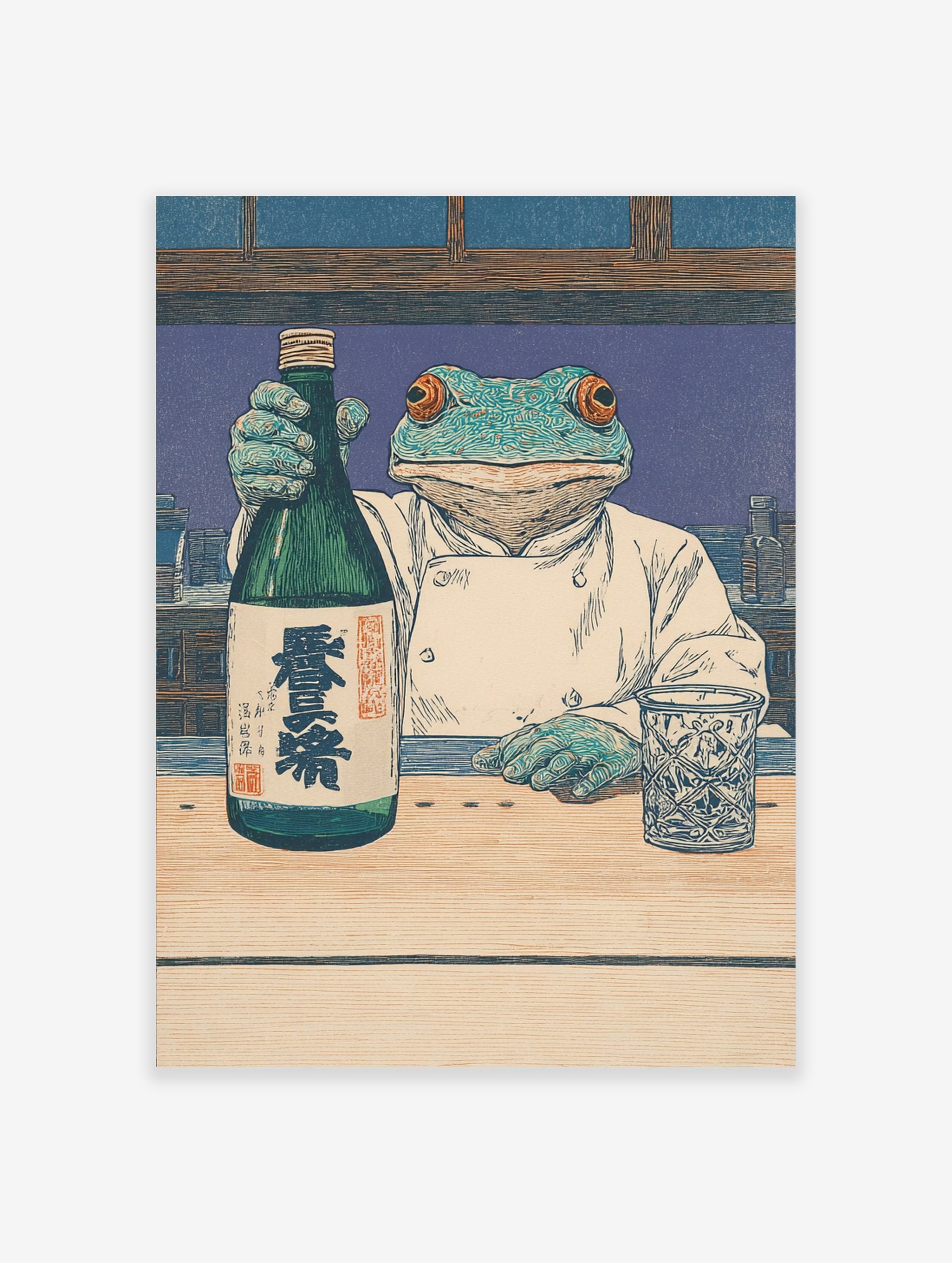 Ukiyo-e style print of a frog chef holding a green sake bottle with kanji, next to a patterned glass on a counter