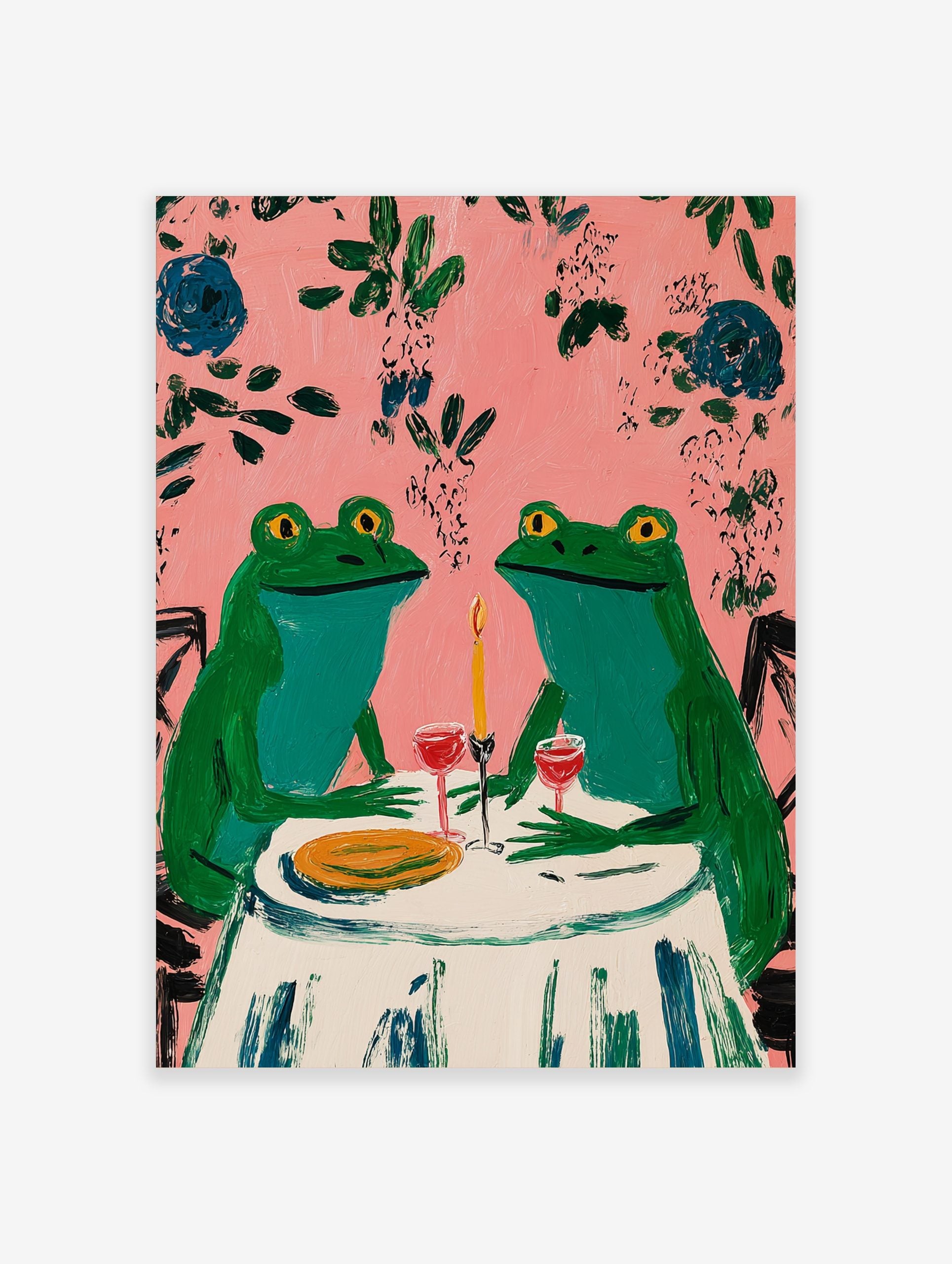Two whimsical green frogs on a date at a table with wine and candle, pink background with leaves