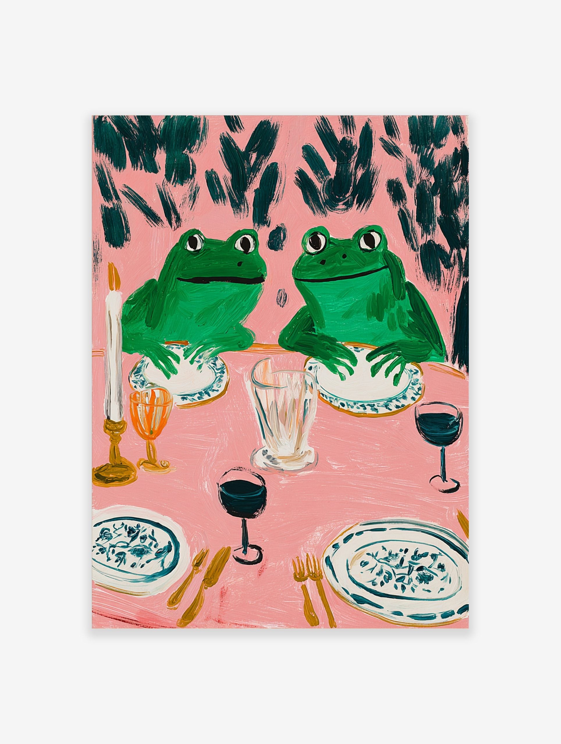 Humorous frog dinner party art print with two green frogs at a pink table set with plates, glasses, and candle