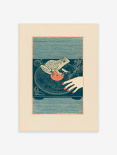Illustrative frog DJ wall art on a turntable with a vinyl record and human hand