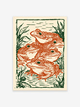 Five vintage-style orange frog illustration art print in a pond with green reeds and water lines on a cream background.