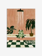 Green frog in pink bathtub with bubbles, shower head, plants, pink tiled wall, checkered floor, whimsical illustration print