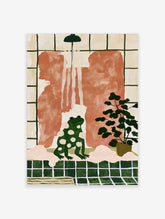 Green frog with white spots sitting in pink shower with plant, illustrative art print