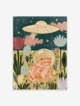 Pink frog in space helmet with UFO and flowers, retro sci-fi illustration art print