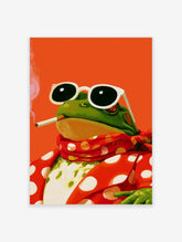 Illustration of a frog wearing sunglasses and a red polka-dot suit, smoking, against a bright orange background