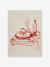 Red line art of a frog on a turntable, with a sake bottle, glass, and Japanese text on a light background
