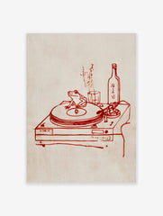 Red line art of a frog on a turntable, with a sake bottle, glass, and Japanese text on a light background