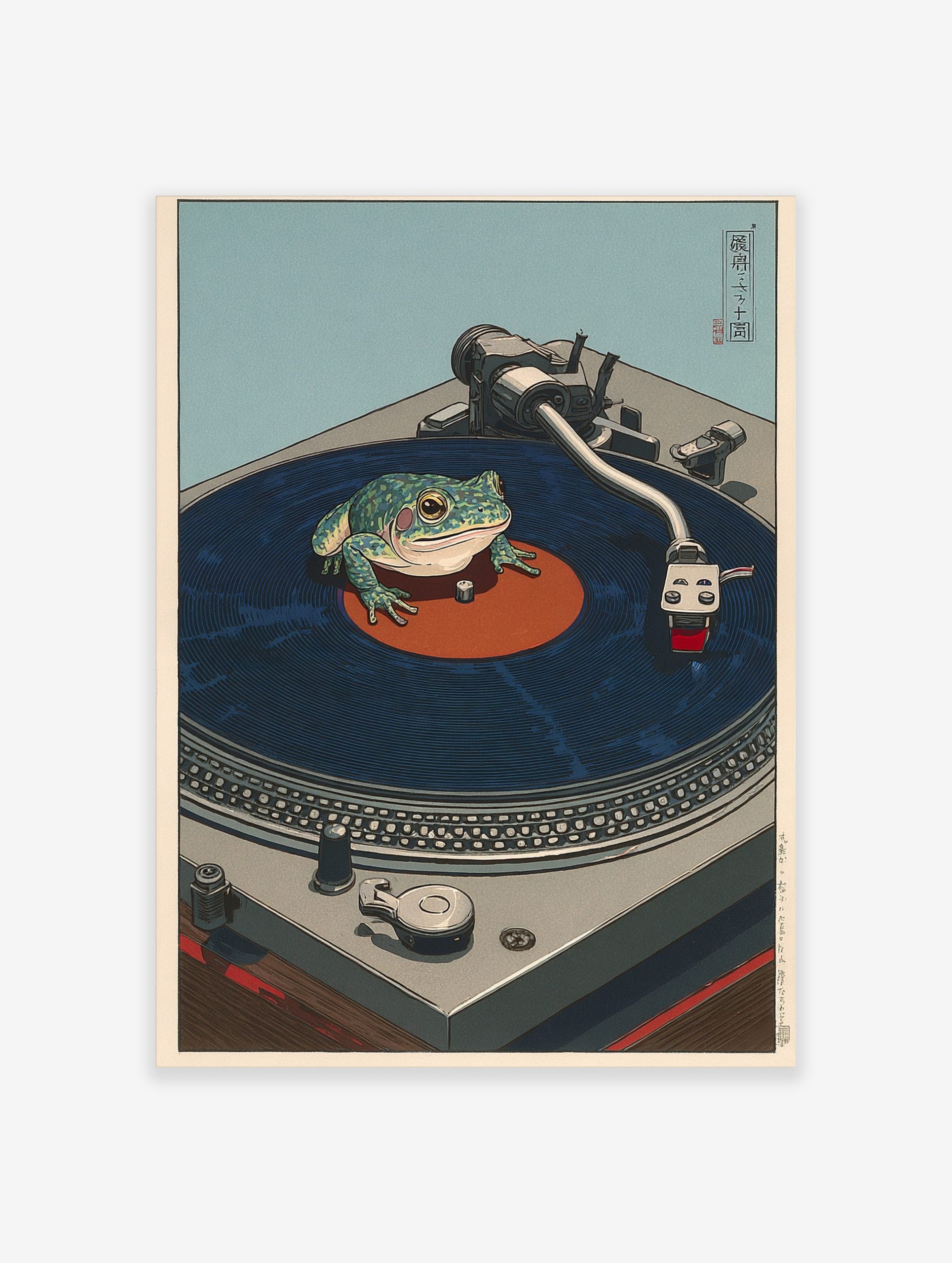 Japanese style illustration of a green frog sitting on a dark blue vinyl record on a grey turntable with light blue