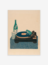 Japanese woodblock style art print of a green frog on a turntable with sake bottle and glass