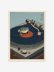 Ukiyo-e style art print of a green frog on a dark blue vinyl record on a grey turntable, with Japanese text