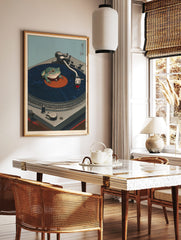 Ukiyo-e style art print of a green frog on a dark blue vinyl record on a grey turntable, with, in a styled room mockup
