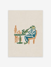 Frog in a blue suit playing a saxophone beside a green cafe table and orange chair, jazz poster illustration