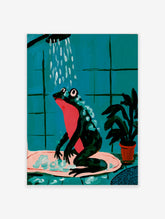 Illustration of a red-throated frog showering under a shower head, teal tiled background, potted plant, pink bath mat