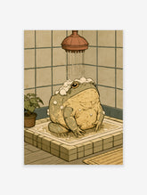 Illustration of a large frog taking a shower, covered in soap suds, under a red shower head in a tiled bathroom
