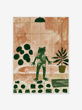 Green frog standing in pink tiled shower with bubbles and plant, playful illustration art print