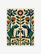 Symmetrical frog art print with green and blue frogs, stylised flowers, and botanical leaves on cream background